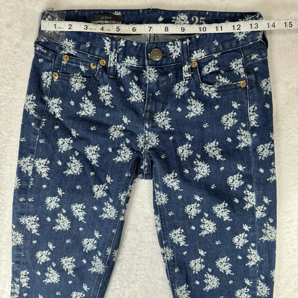 J.Crew Cropped Matchstick Jeans Size 25 Floral Print‎ Low Rise Retro Blue White